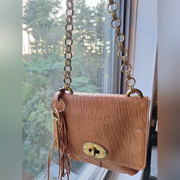 Fossil Handbags - Vintage Fossil Leather Shoulder Bag with Chain Strap & Tassel Tan Color